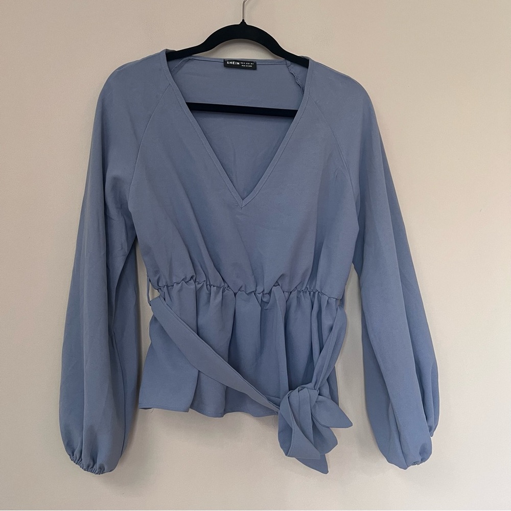 V-Neck Tie-Waist Women's Top in Dusty Blue - Picture 3 of 7